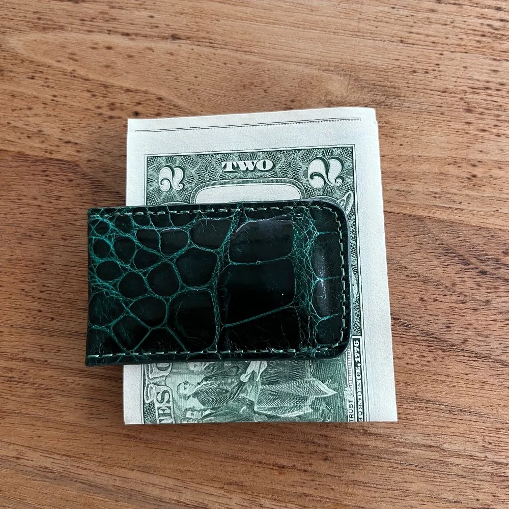 Magnetic Money Clip in Rich Green Genuine Alligator
